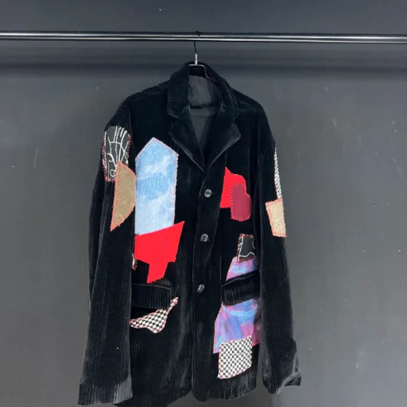 Man Tide Corduroy Patchwork Design Large Long Sleeve Suit-Coats Niche Chic Blazer