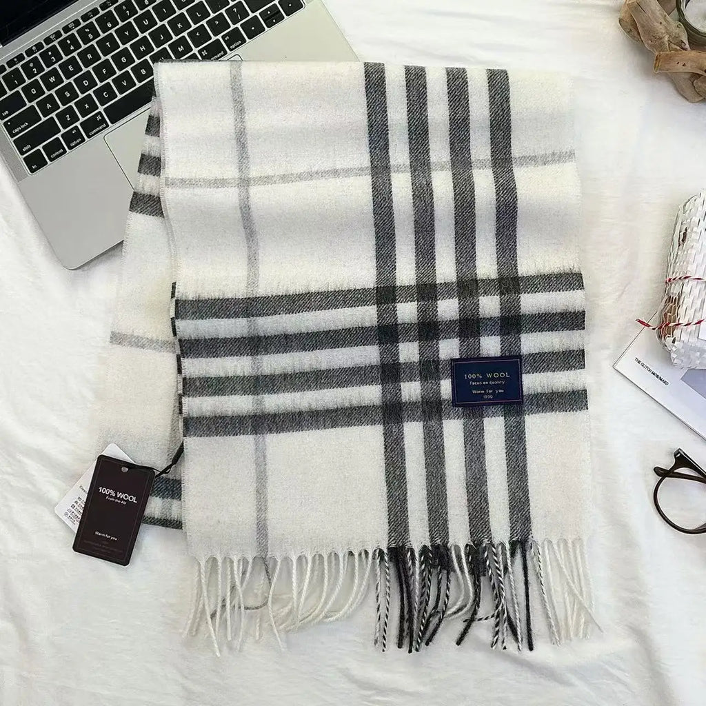 Men 100% Wool Plaid Muffler Cashmere Windproof Stripe Tassel Shaw Thick Scarf
