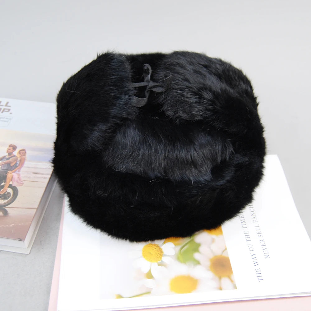 Men's Warm Natural Rabbit Fur With Earflaps Russian Ushanka Hats