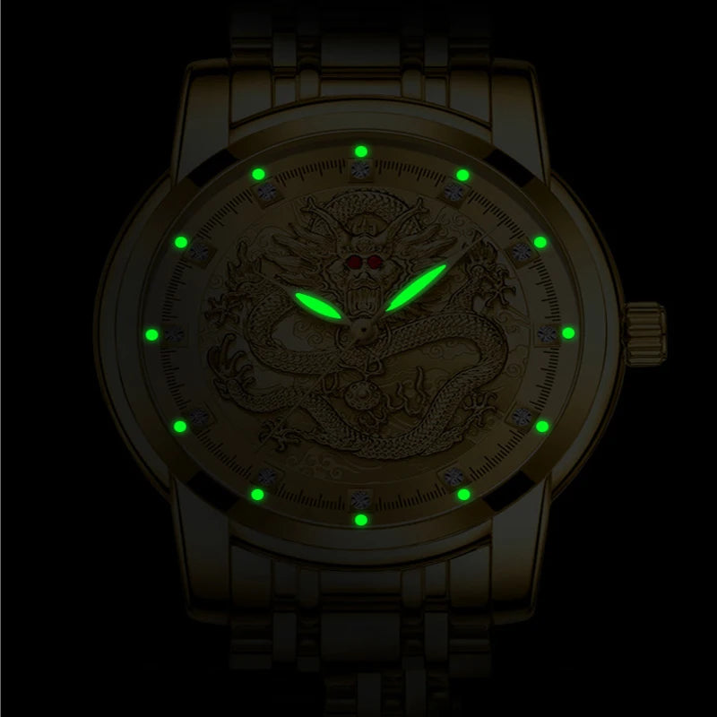 Men's Golden Luxury Watch Waterproof Stainless Steel Dragon Clock