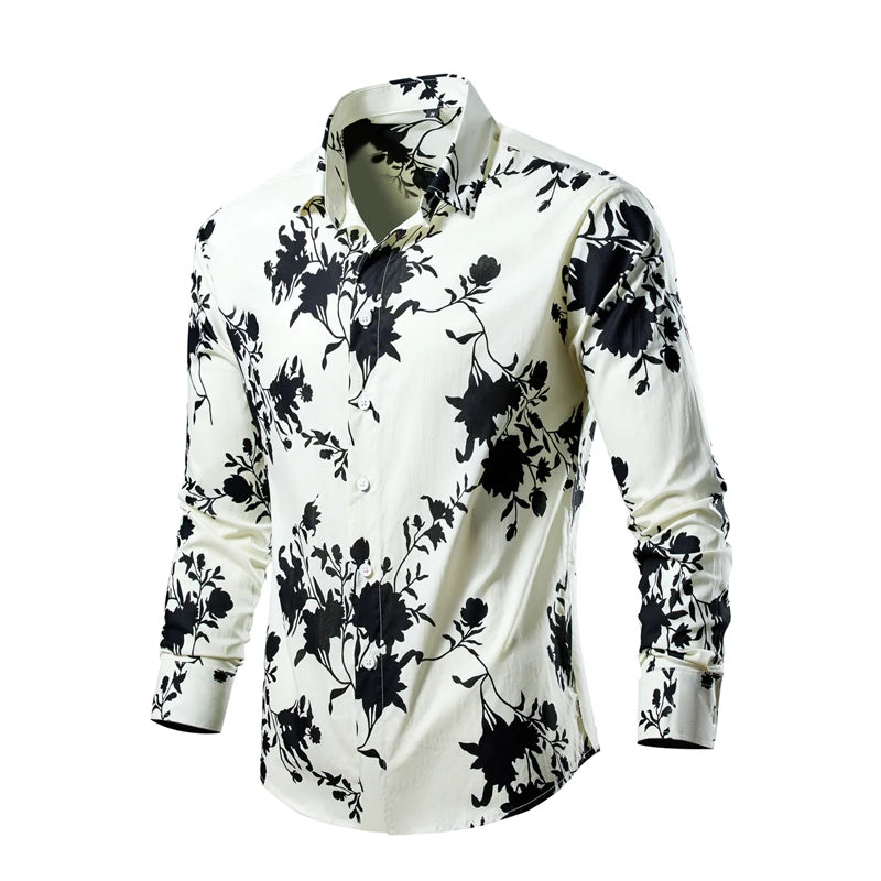 High-quality Men's Cotton Thin Slim Luxury Long Sleeve Hawaiian Shirt Lapels