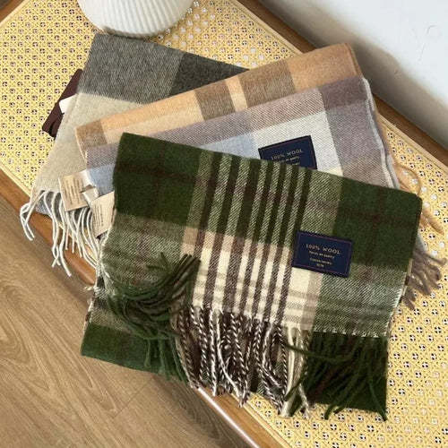 Men 100% Wool Plaid Muffler Cashmere Windproof Stripe Tassel Shaw Thick Scarf