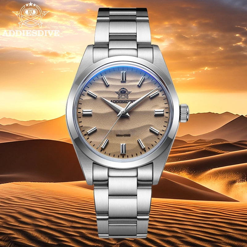 Men's Sand Dial 36mm Quartz Waterproof Stainless Steel AR Coated Dome Glass Wristwatch