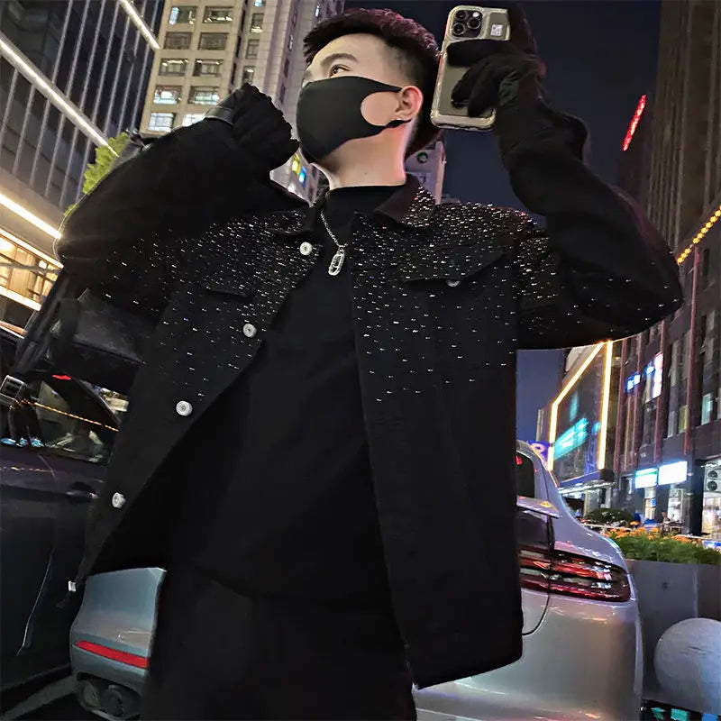 Short Rhinestones Cargo Jacket for Men Black High Quality Harajuku