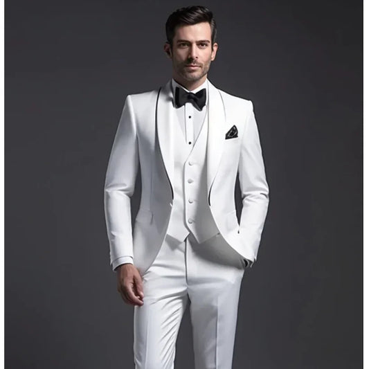 Elegant White Suits for Men 3 Piece Chic Lapel Single Button Tuxedo Slim (Blazer+Vest+Pants)
