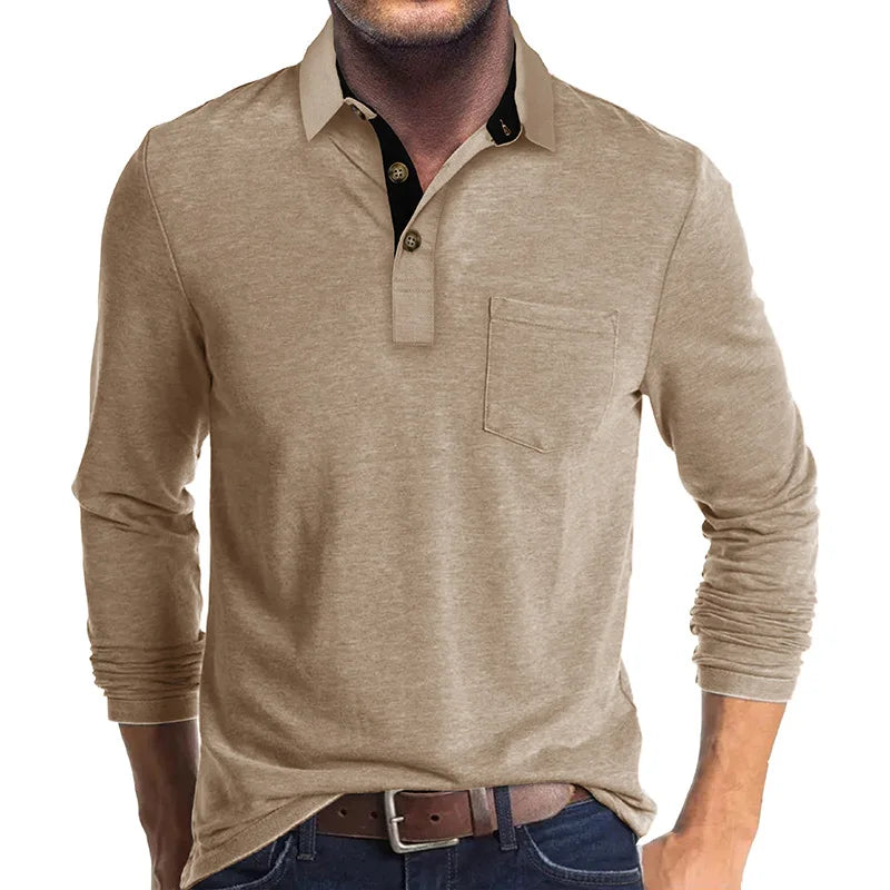 Men's Long Sleeve Casual Solid Lapel Button Up Turn Down Collar Polo Shirt