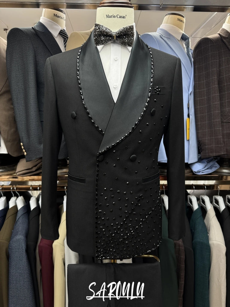 Black Shawl Lapel Beaded Men Suit Tuxedo High Quality Vintage 2-pieces