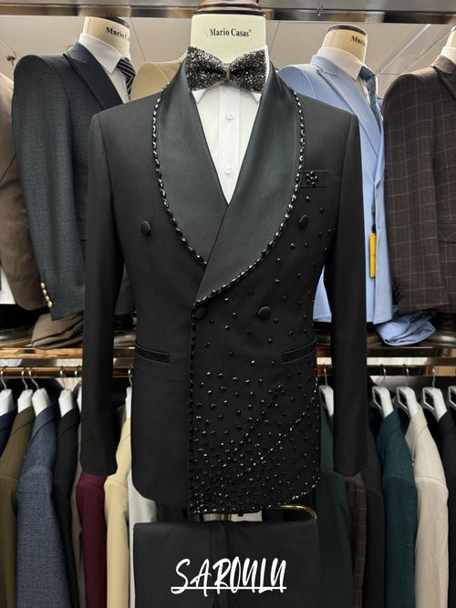 Black Shawl Lapel Beaded Men Suit Tuxedo High Quality Vintage 2-pieces