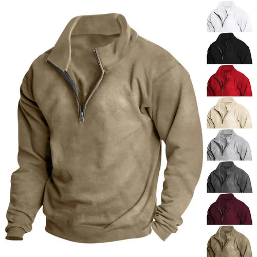 Men's Fleece Lined Stand Collar Half Zip Long Sleeve European Size Men's Top