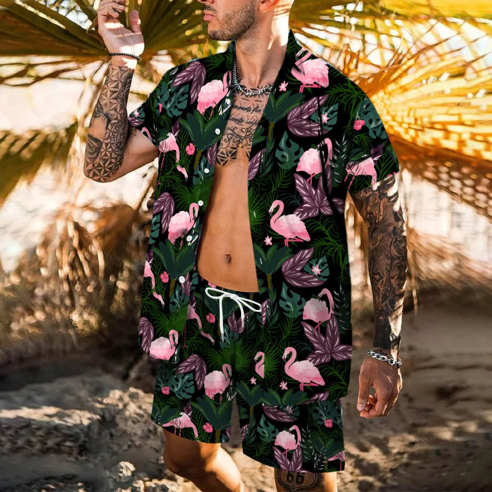Hawaii Beach Men's Shirt Set Flamingo 3D Printed Loose Short Sleeve Shorts 2Pcs