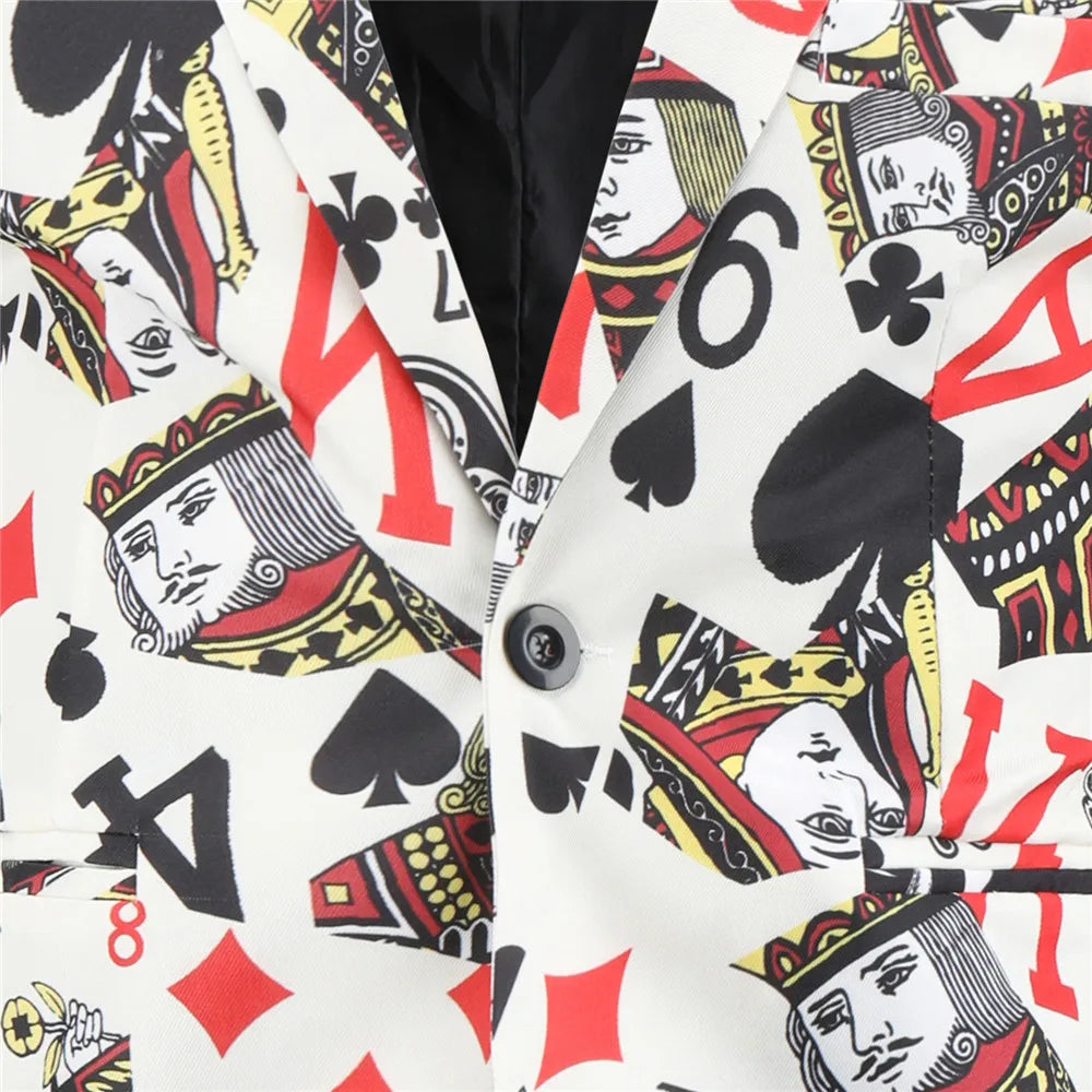 Playing Cards Poker Print Men's Blazer Jacket Korean Fashion