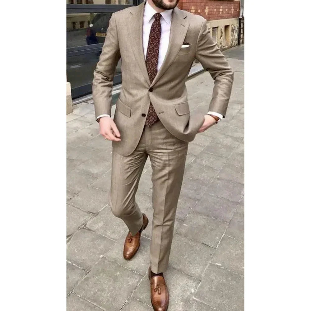 Slim Khaki Men Suits Two Pieces Notch Lapel Single Breasted Set