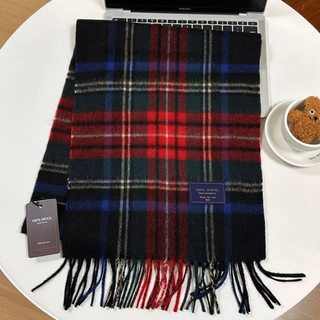 Men 100% Wool Plaid Muffler Cashmere Windproof Stripe Tassel Shaw Thick Scarf