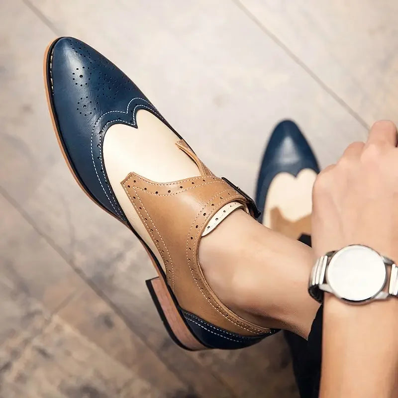 Pointed Toe Leather Brogue Shoes for Men Flat Casual Classic