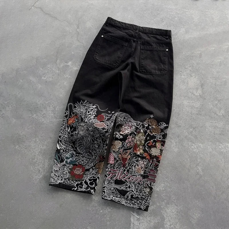 Vintage Japanese Ukiyo-e Floral Pattern Embroidery Wide Leg Jeans Trend Men Streetwear