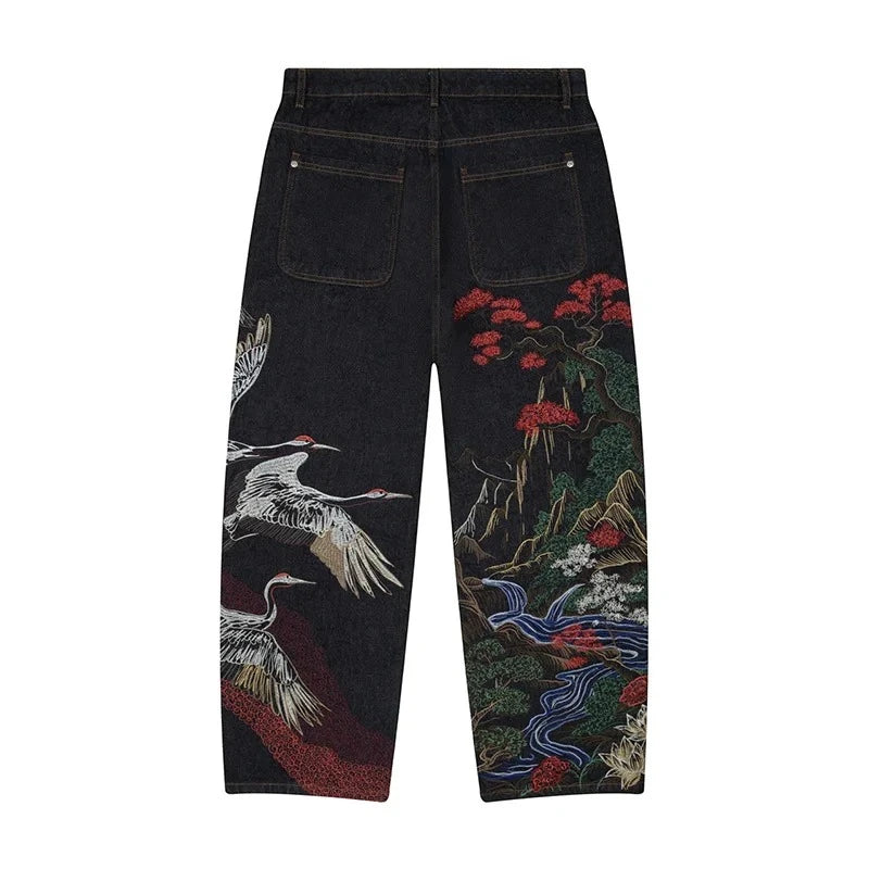 High Quality Washed Crane Landscape Embroidery Vintage Japanese Straight Leg Jeans Men's Streetwear