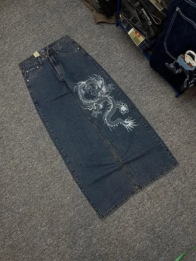 Dragon Print Men's Baggy Fit Jeans High Street  Casual Trendy Streetwear