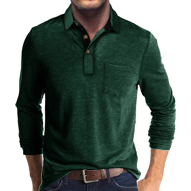 Men's Long Sleeve Casual Solid Lapel Button Up Turn Down Collar Polo Shirt