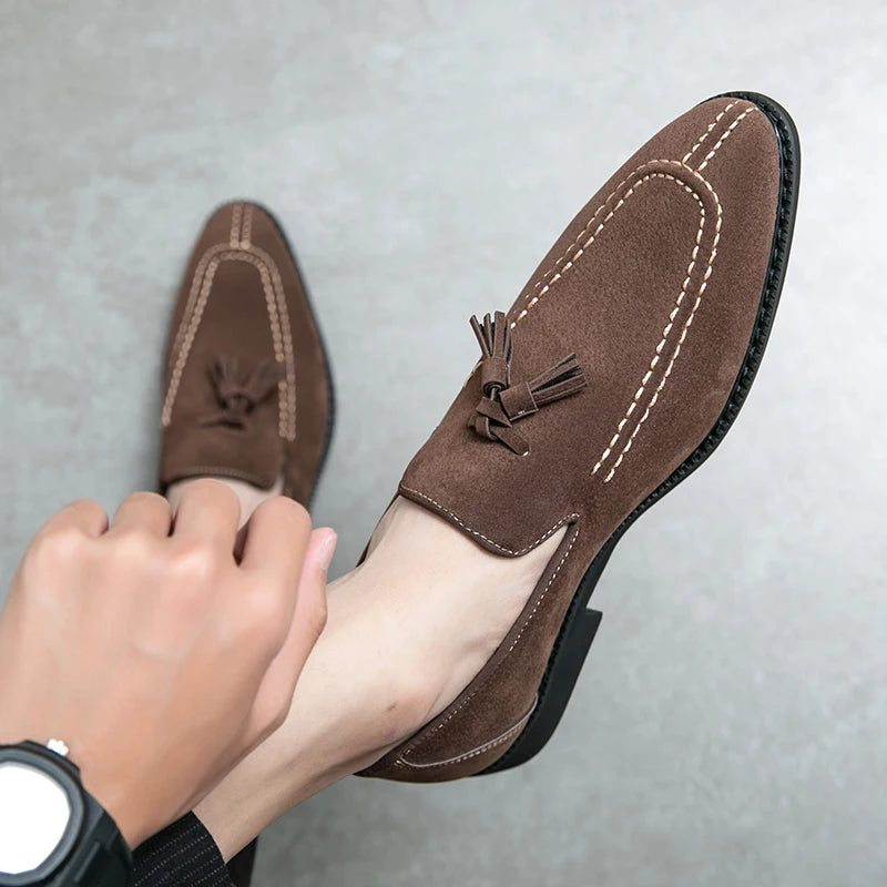 Men's Loafers Suede Vintage Slip-on Men Dress Tassel pointed shoes