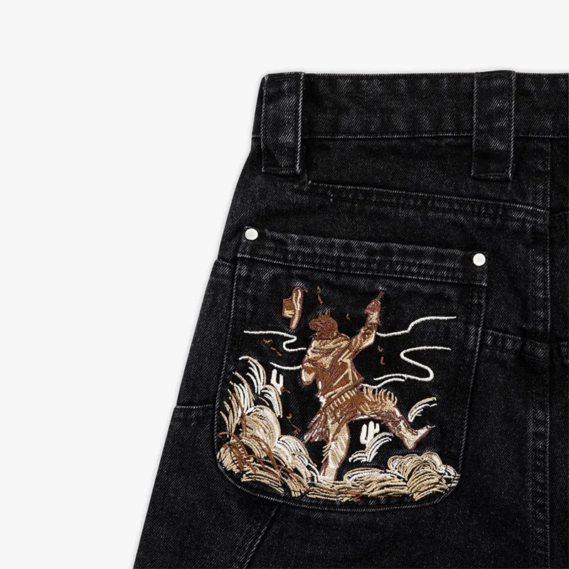 Western Pistol Pendant Pocket Embroidery High Quality Loose Wide Leg Jeans Trend Men's Streetwear