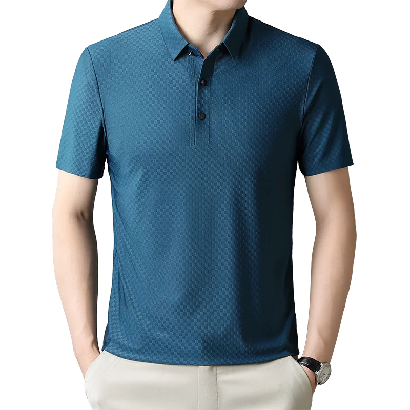 Luxury Ice Silk Lapel Breathable Polo Grid Print Short Sleeves Men's T-Shirt