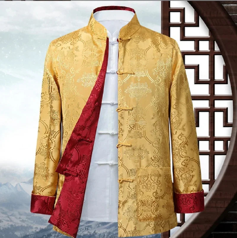 Men Chinese Satin Silk Tang Suit Double Faced Long Sleeve Jackets Size S-3XL
