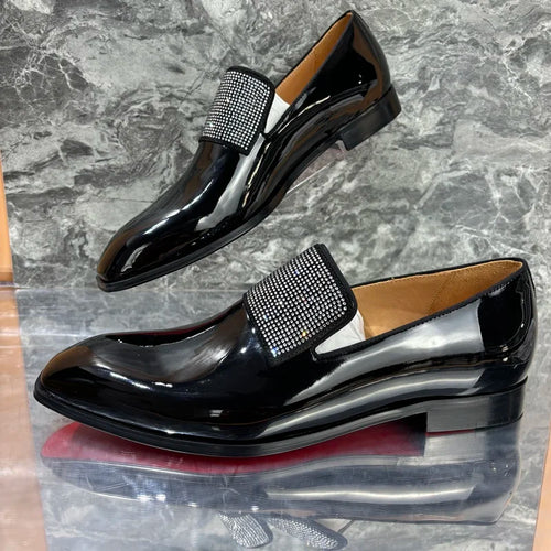 Men's Black Patent Leather Luxury Rhinestone Loafers Handmade Dress Shoes