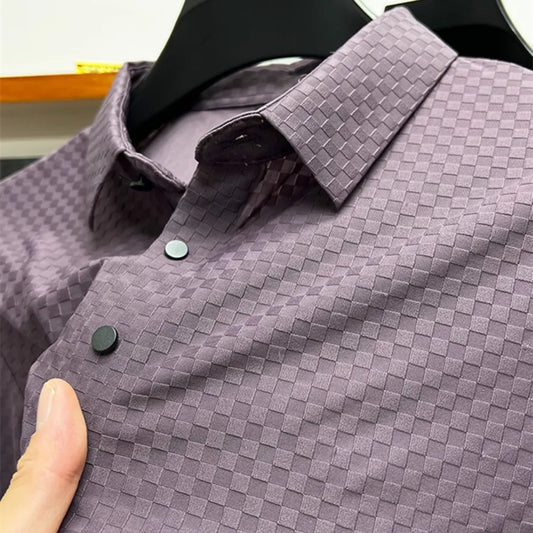 Luxury Ice Silk Lapel Breathable Polo Grid Print Short Sleeves Men's T-Shirt