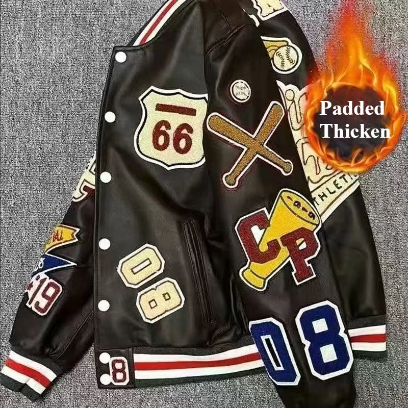 Streetwear Men Bomber Varsity Jackets Embroidery Pu Leather Jacket Outerwear