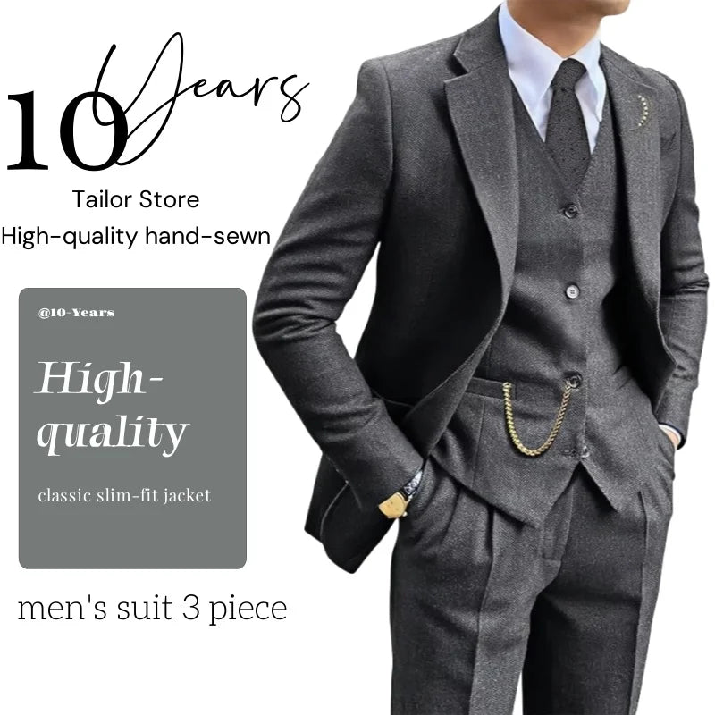 Vintage tweed men's suit 3 piece herringbone slim fit suit( jacket blazer men's vest pants)