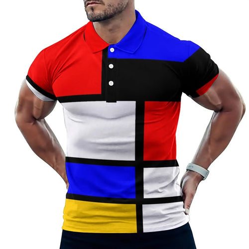 Multi Geometric Print Polo Mondrian Style Streetwear T-Shirts Collar Oversized Clothing