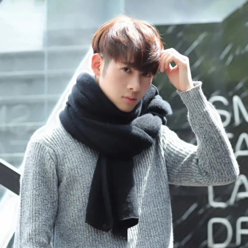 Thick Knitted Scarf  Simple Solid Color Scarf Men's Warm Neckerchief
