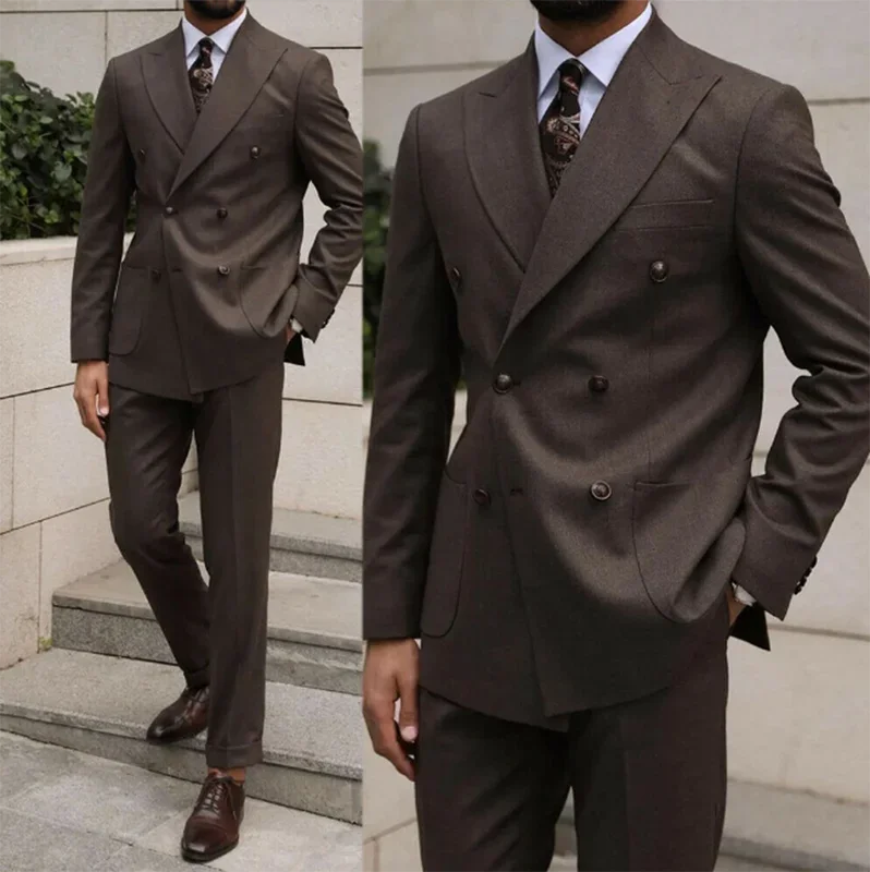 2 Pieces Slim Fit Men's Double Breasted Peak Lapel Coffee Formal Tuxedos
