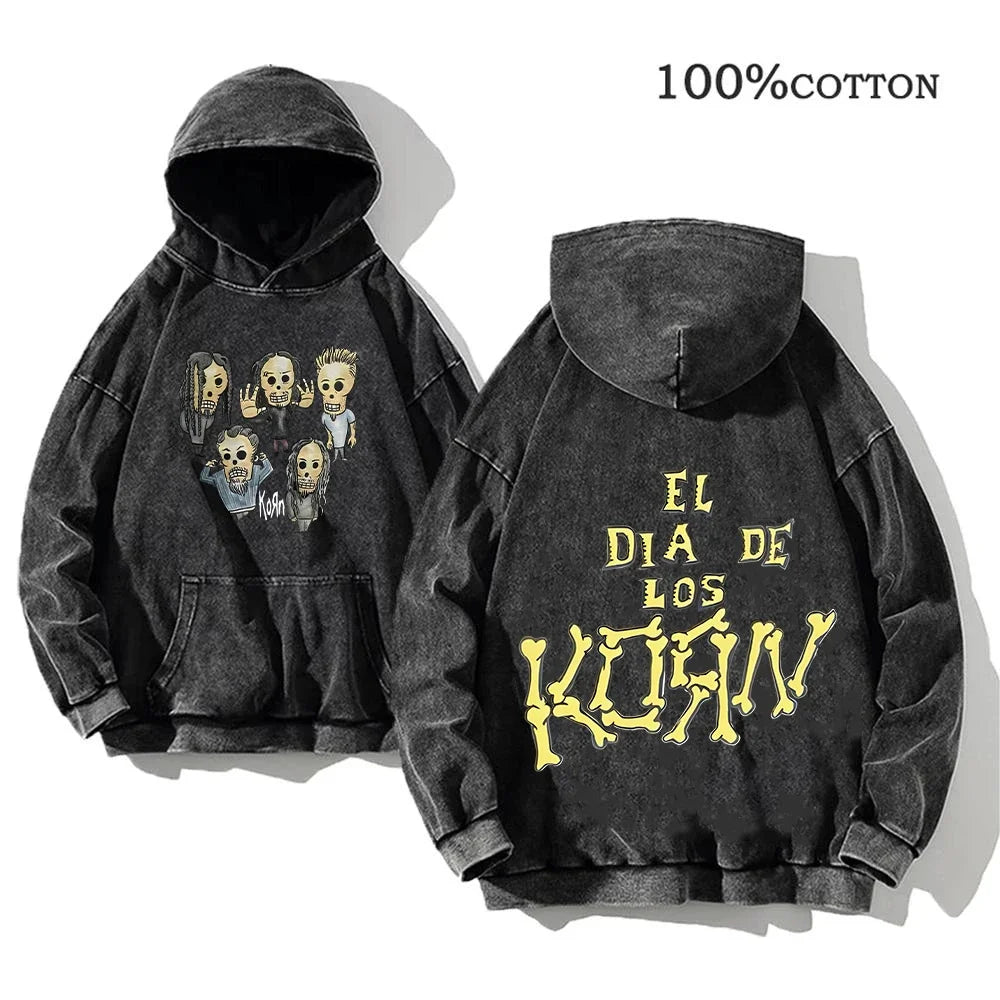 Korn World Tour Hoodies Vintage Washed Men's Sweatshirts Cotton Streetwear Hooded Pullover