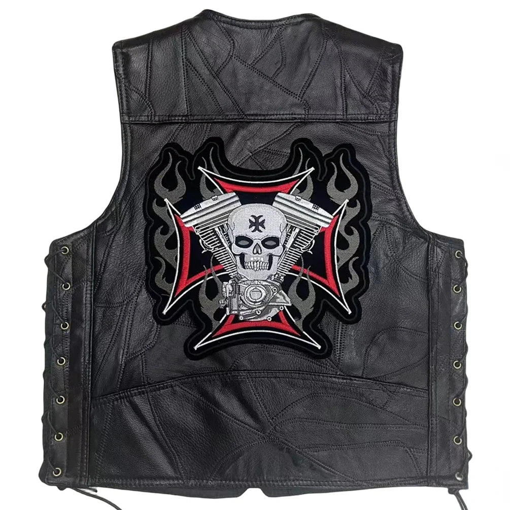 Motorcycle Leather Embroidery Jacket Waistcoat Street Fashion Biker Vest for Man