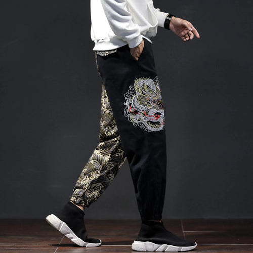 Flat Front Loose Men's Japanese Retro Embroidered Casual Trousers