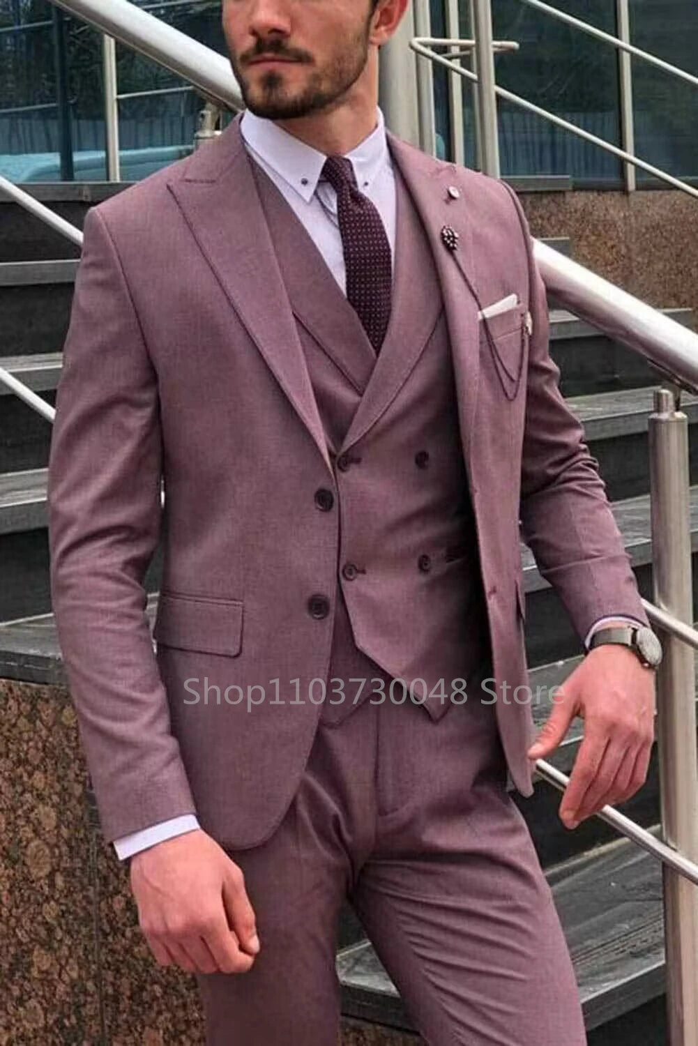 Men's Pink 3 Pieces Suits Slim Fit Formal Men (Jacket + Vest + Trousers)