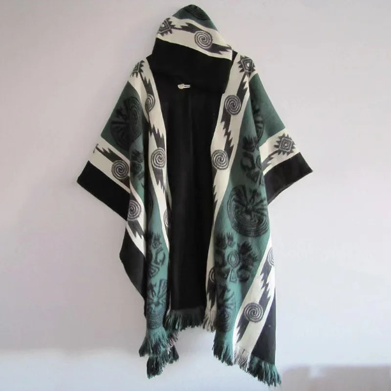 Men's Loose Hooded Printed Cloak Poncho Retro Pullover Jacket