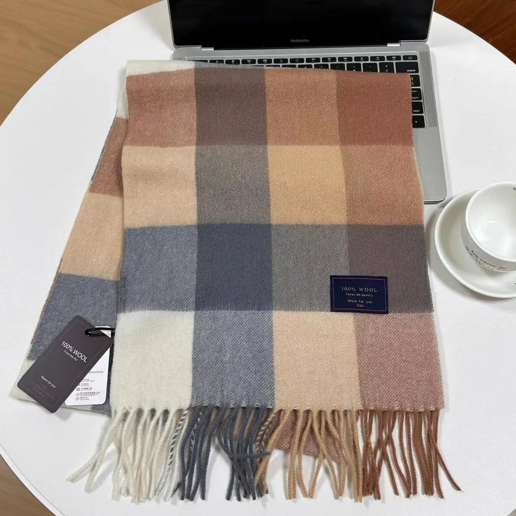 Men 100% Wool Plaid Muffler Cashmere Windproof Stripe Tassel Shaw Thick Scarf
