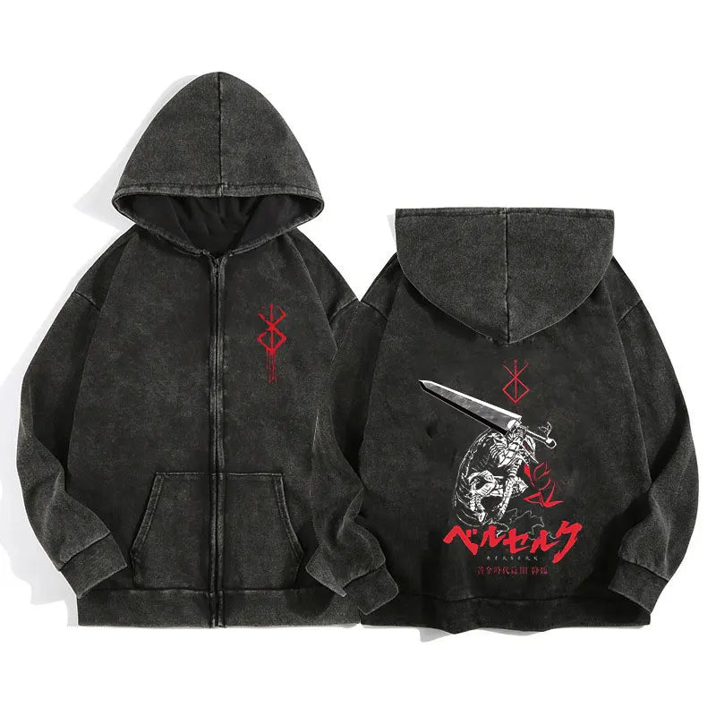 Berserk Wash Zip Up Retro Graphic Hooded Sweatshirt Cotton Unisex Hoodie