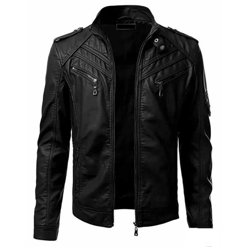 High-end leather coat western solid color handsome stand-up collar jacket