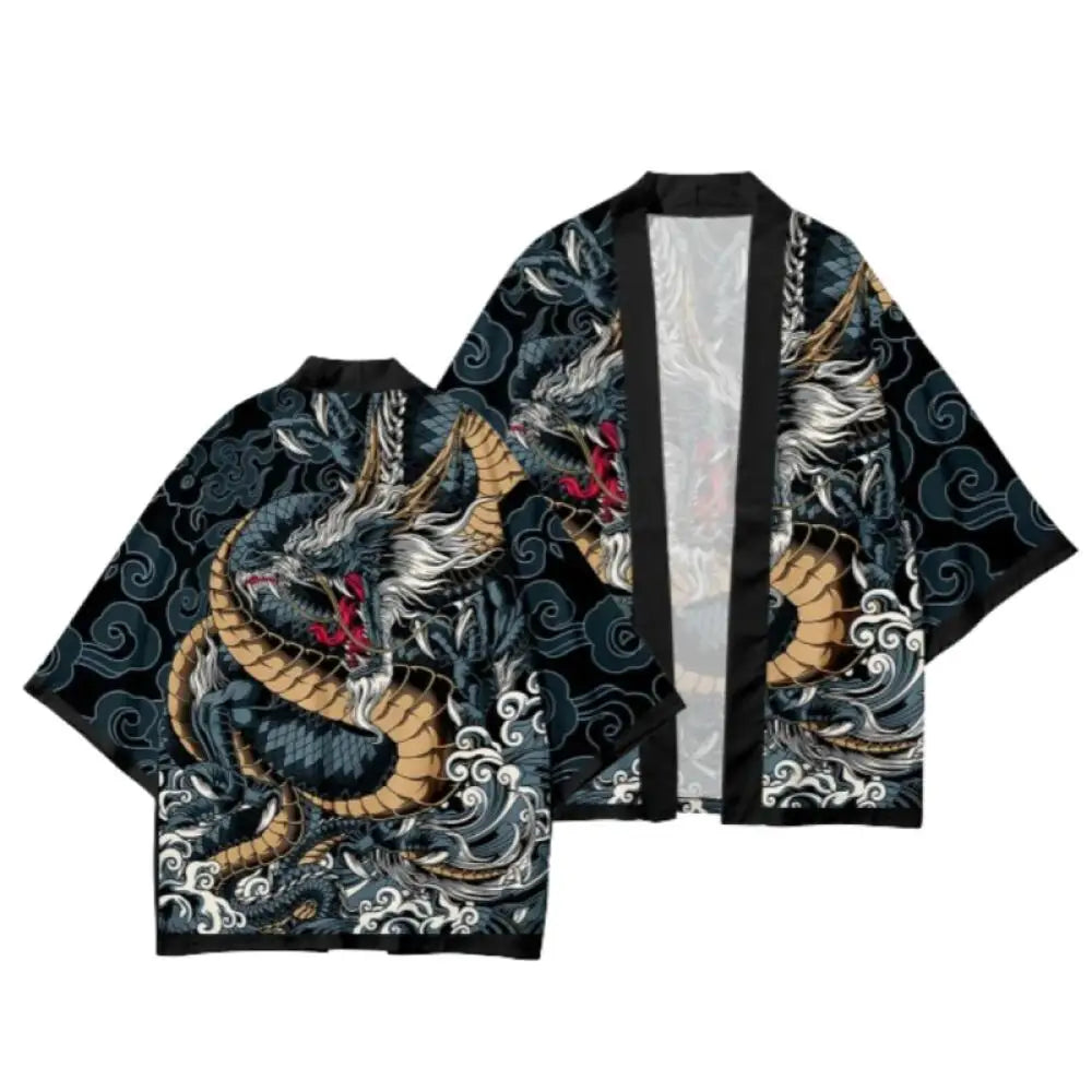 Men Demon Dragon Pattern Printed Kimono Cardigan Japanese Traditional Cloak