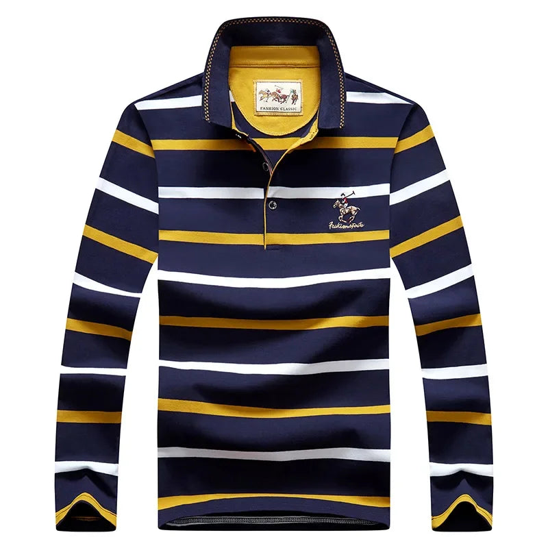Men Cotton Long Sleeve Stripe Embroidery Casual Polo Shirt