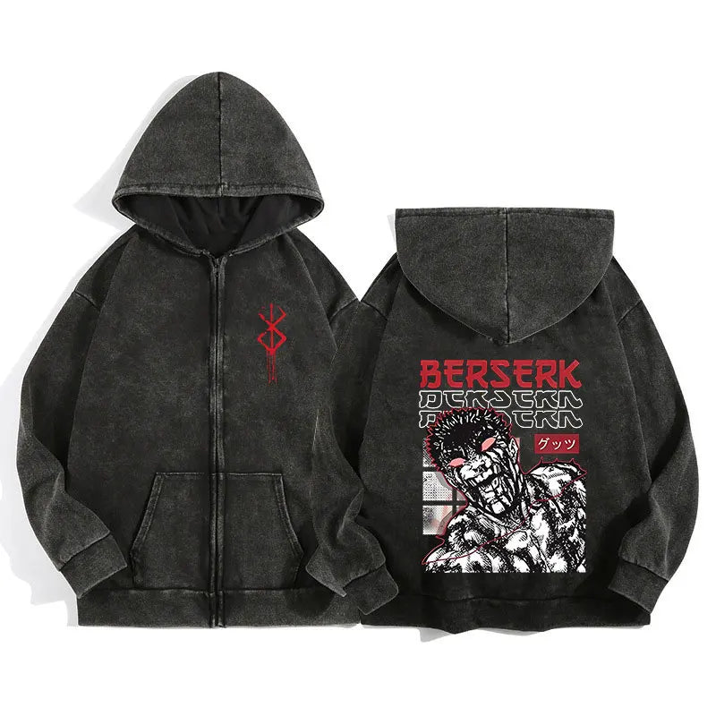Berserk Wash Zip Up Retro Graphic Hooded Sweatshirt Cotton Unisex Hoodie