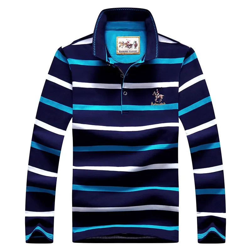 Men Cotton Long Sleeve Stripe Embroidery Casual Polo Shirt