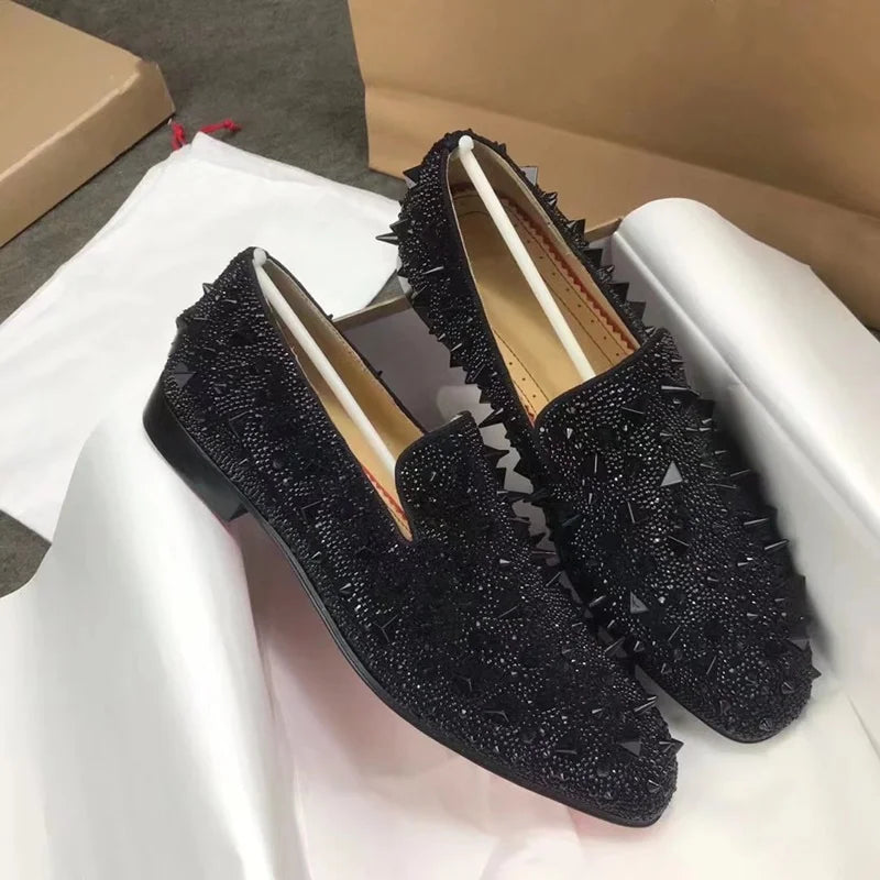Men's Black Rhinestone Loafers Handmade Luxury Spiked Breathable Red Bottom Shoes