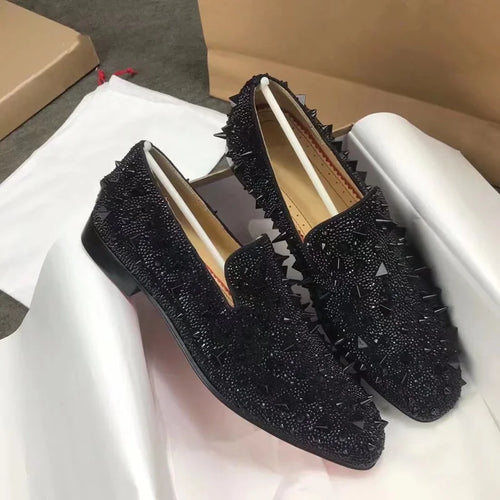 Men's Black Rhinestone Loafers Handmade Luxury Spiked Breathable Red Bottom Shoes