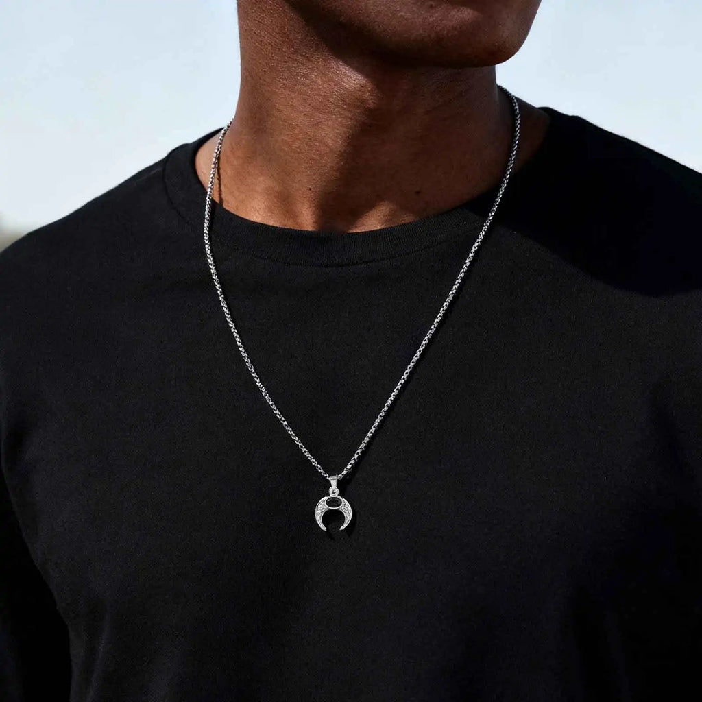 Vintage Moon Necklace for Men Natural Stone Stainless Steel Pendant Jewelry