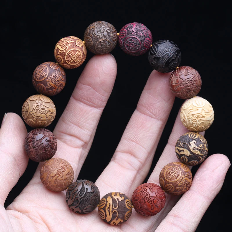 Multicolor Wooden Bracelet Men's 20mm Elastic Bead Lucky Mythical Animal Sculpture