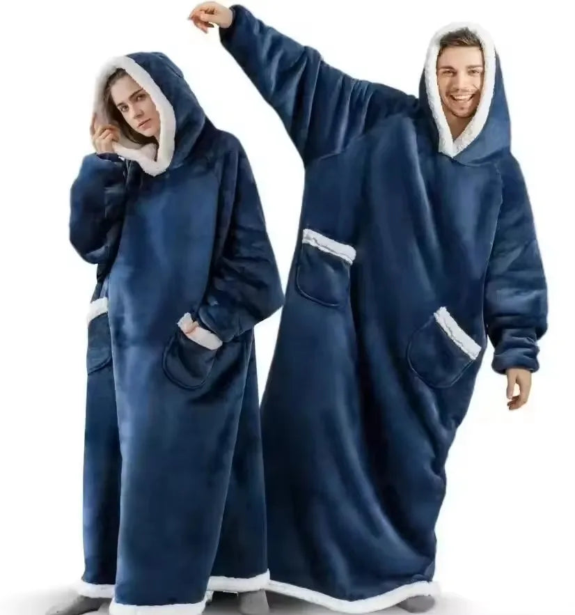 Super Long Flannel Blanket Pajamas with Sleeves Hoodies Unisex Pullover